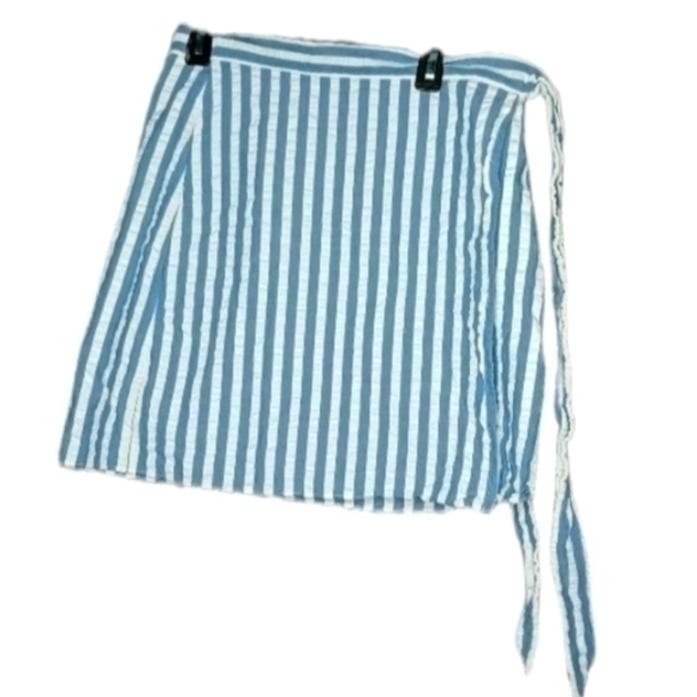 JCREW womens blue white striped seersucker lined wrap skirt 0 j1627 EUC